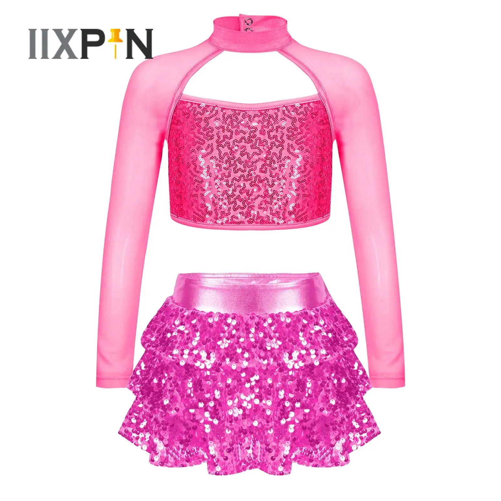 

Kids Girls Latin Jazz Dance Costumes Shiny Sequins Modern Ballet Dance Outfit Long Sleeve Crop Top Ruffle Skirted Shorts Culotte
