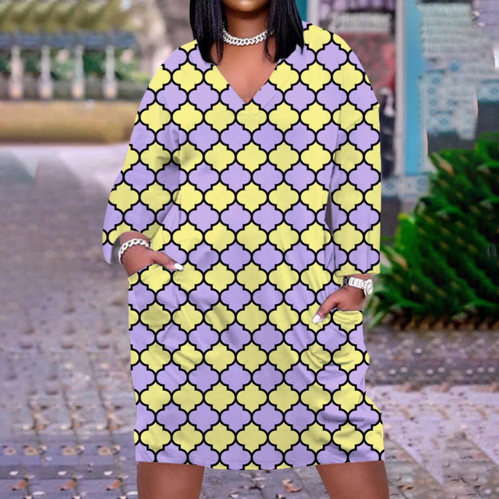 

Lady Autumn V Neck Geometric Patterns Printed Striped Dress Women Sexy Long Sleeve Knee-Length Boho V-Neck Loose Beachwear Dress