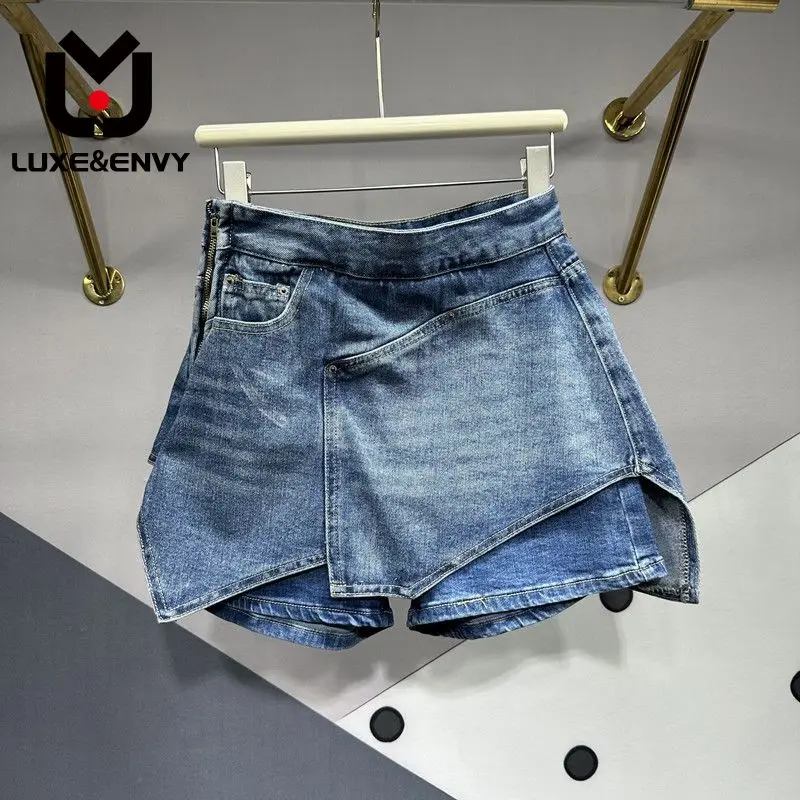 

LUXE&ENVY Small Group Design Fake Patchwork Denim Shorts Skirt Women's Summer Fashion High Waisted Slim Zippered Wide Leg