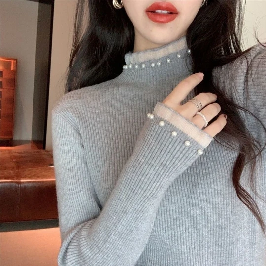 

Gray Korea Japan Pullover Girl Woman Women Sweater Pearl O Neck Knit Tops Tight Women's Sweaters Top Coat Cloth Suétere