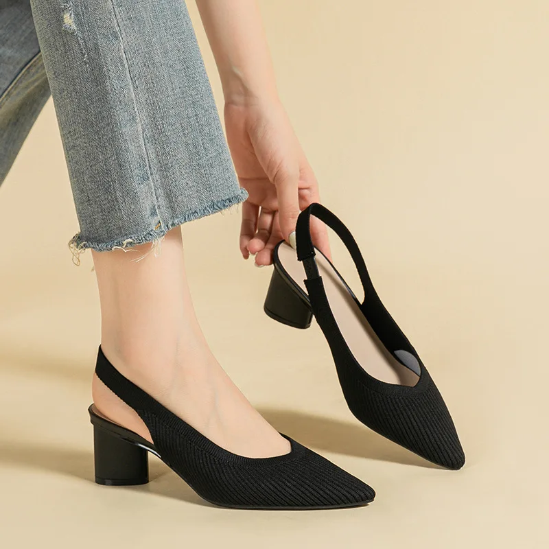 New Women's Chunky Heeled Sandals Summer Knitted Pointed Toe Elastic Strap High Heels Fashion Solid Slingback Sandals 34-43