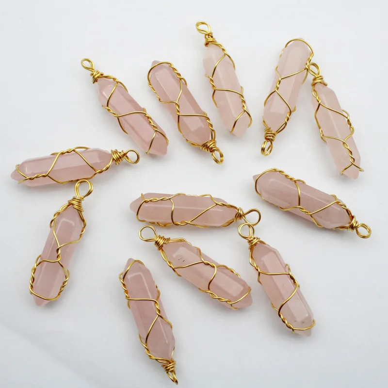 12pcs Natural Stone Rose Quartz Stained Glass Pillar Hexagonal column Pendant Handmade Iron Wire Pendant for Jewelry Making