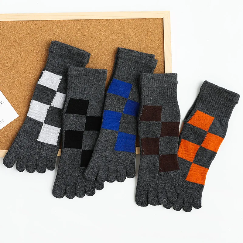 5 Pairs Thick Five Finger Socks Autumn Winter Warm Cotton Sock Big Plaids Business Sport Anti-Friction Deodorant Split Toe Socks