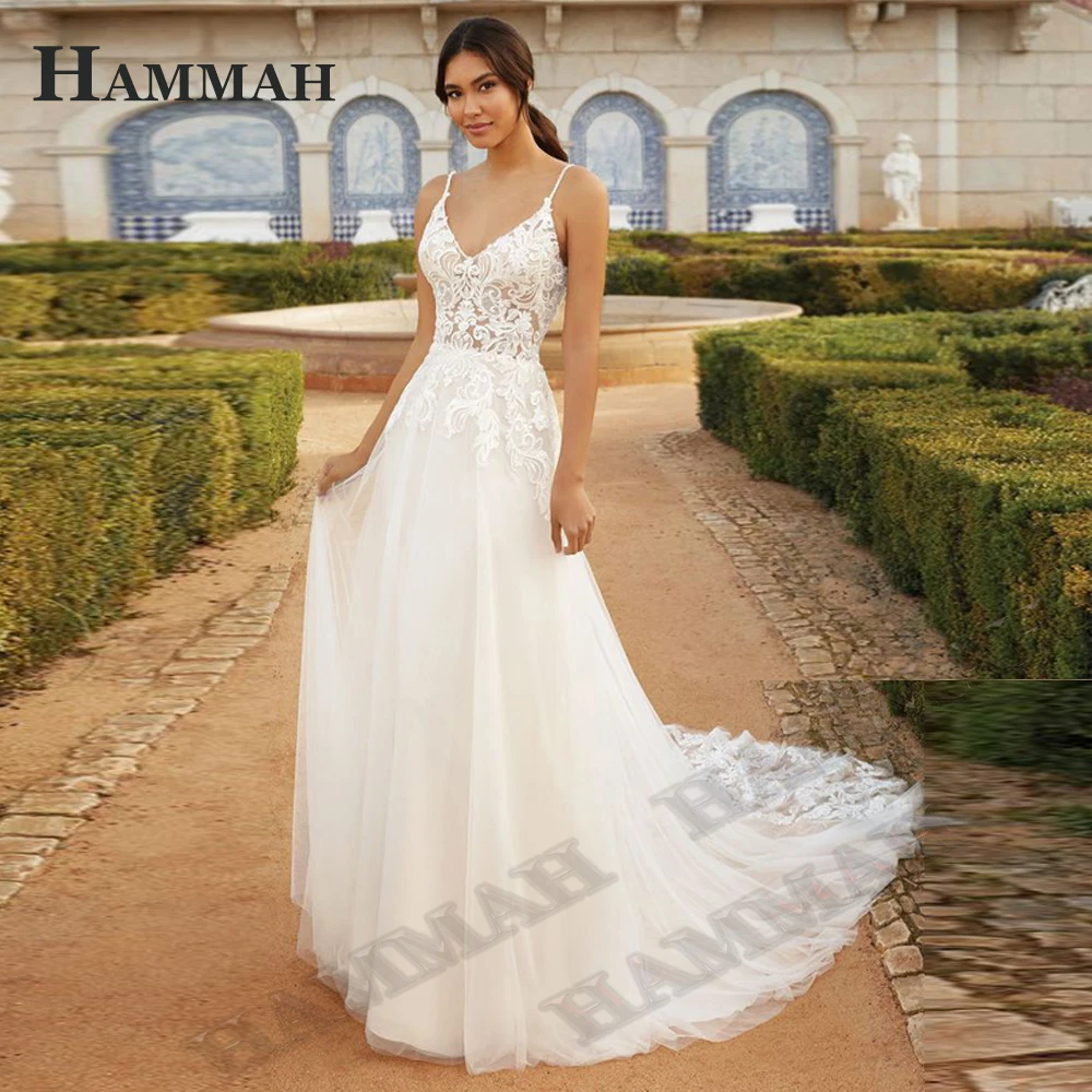 

HAMMAH Spaghetti Strap Criss Cross Wedding Dresses For Women 2023 Bride A Line Appliques Lace Court Train Bridal Gown Customised