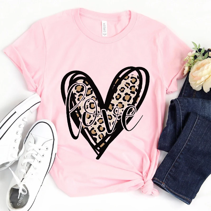

Funny Leopard Print T-Shirt Women's Vintage Tshirt Women Short Sleeve Tops Leopard Heart Pink Oversized Tee T Shirt Streetwear