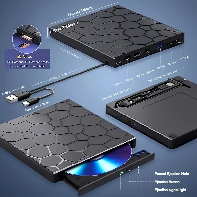 Ultra-Slim 8-in-1 Laptop External USB 3.0 External CD/DVD Drive Player and Burner