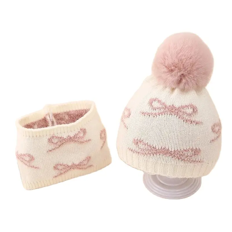 Winter Baby Hat Scarf Two-piece Set Jacquard Bows Plush Warm Suit Newborn Infant Woolen Hat Cute Baby Pompom 0-12months