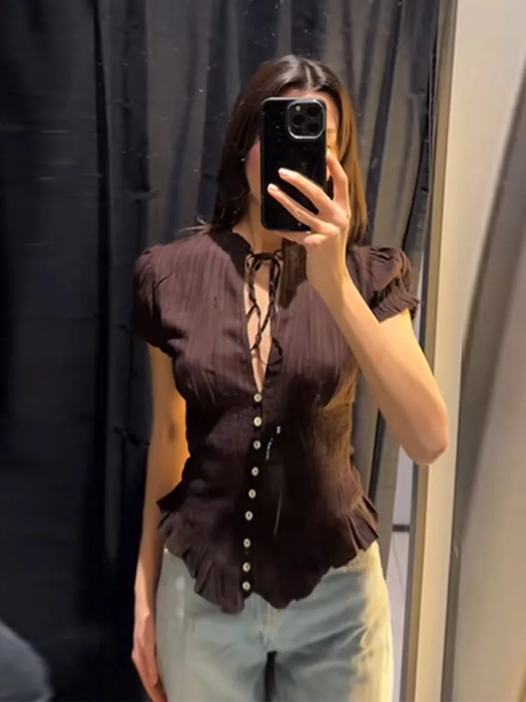 2026 Spring Summer Short Puff Sleeve Folds Shirts For Women Elegant Ruffles Single Breasted Shirt Lady Street Chic Cropped Tops 4