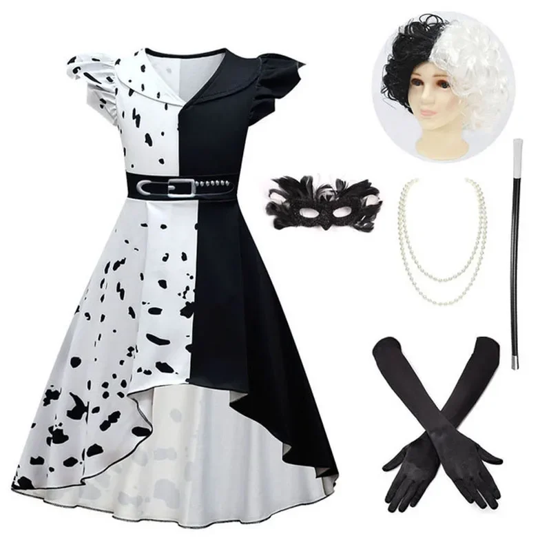 

2024 Movie Evil Madame Cruella De Vil Cosplay Halloween Costume for kids Half Black Half White girls princess summer night dress