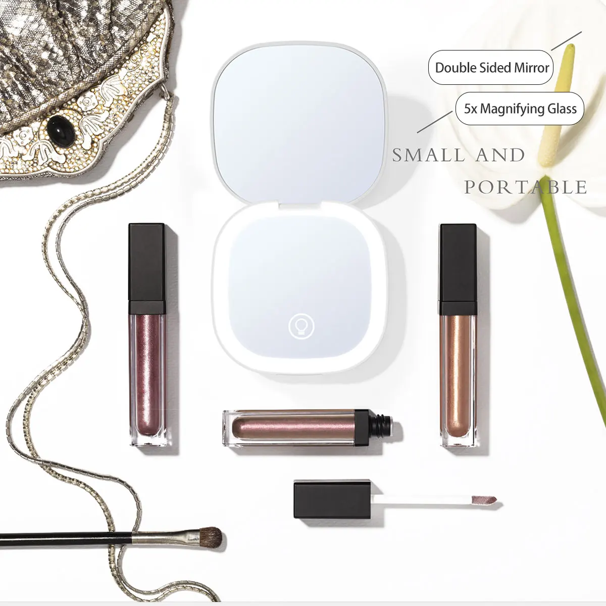 Mini Led Makeup Mirro With Light 5X Magnifying Glass Built-in 400mAh Battery Pocket size For Easy Carrying