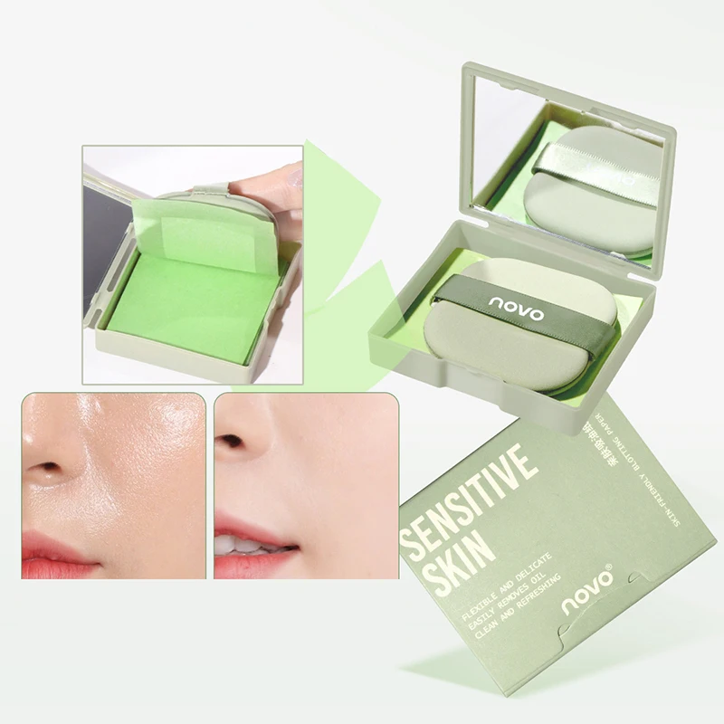 Portable Face Oil Absorbing Paper With Puff Mirror Case Summer Oil Control Facial Care 100 Sheets