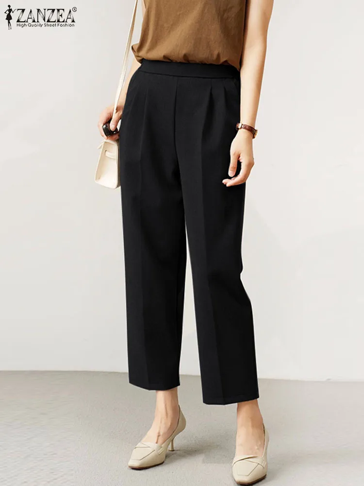 Women Elastic Waist Cropped Pants Summer Office Trouser