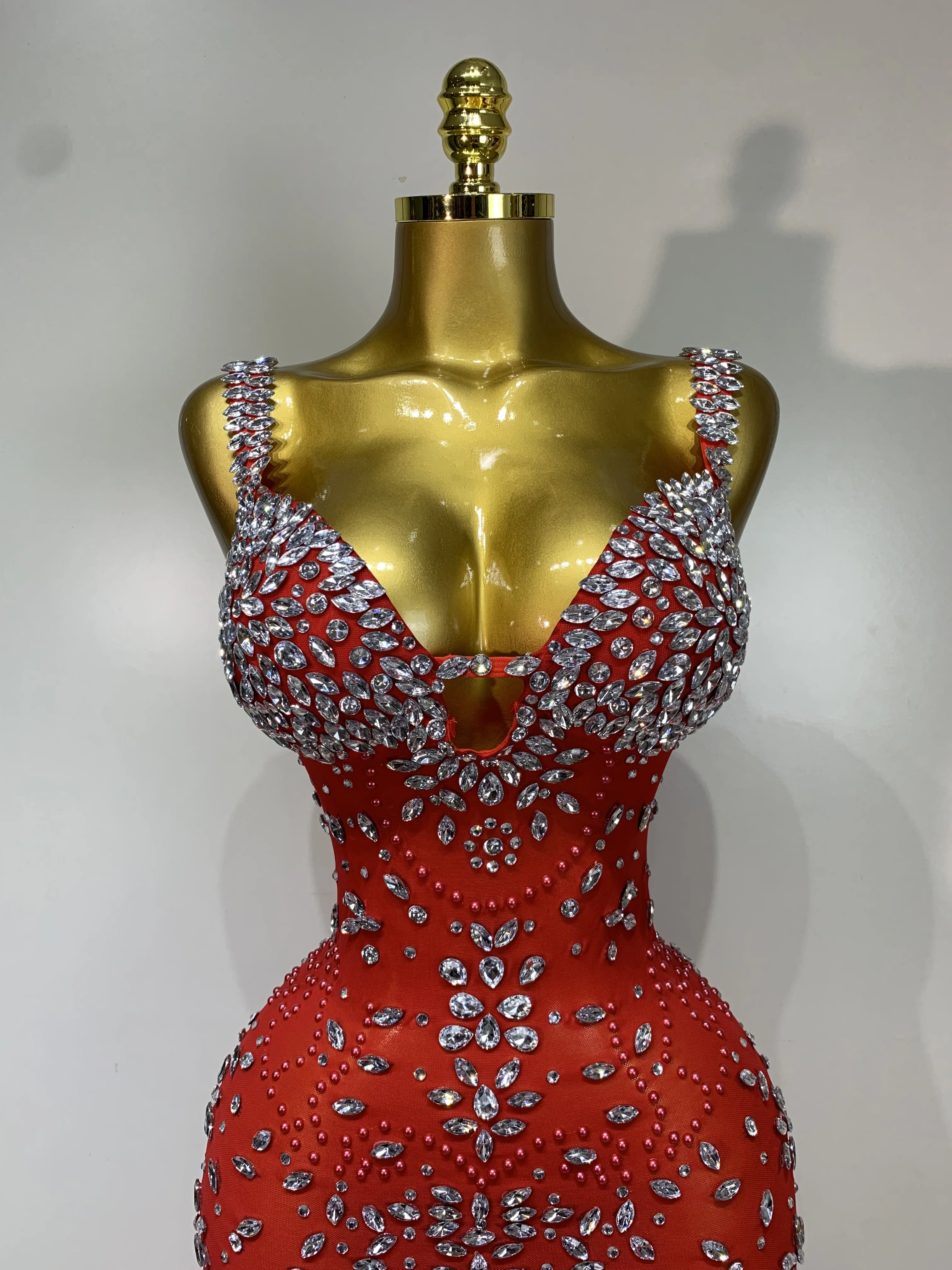Women Sparkly Rhinestone Feather Mesh Transparent Maxi Long Dress Sexy Backless Birthday Evening Party Singer Stage Costume