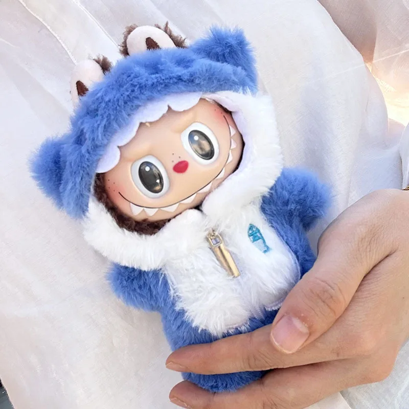 Labubu-子供用のかわいいぬいぐるみ人形の服,17cm,青いサメの