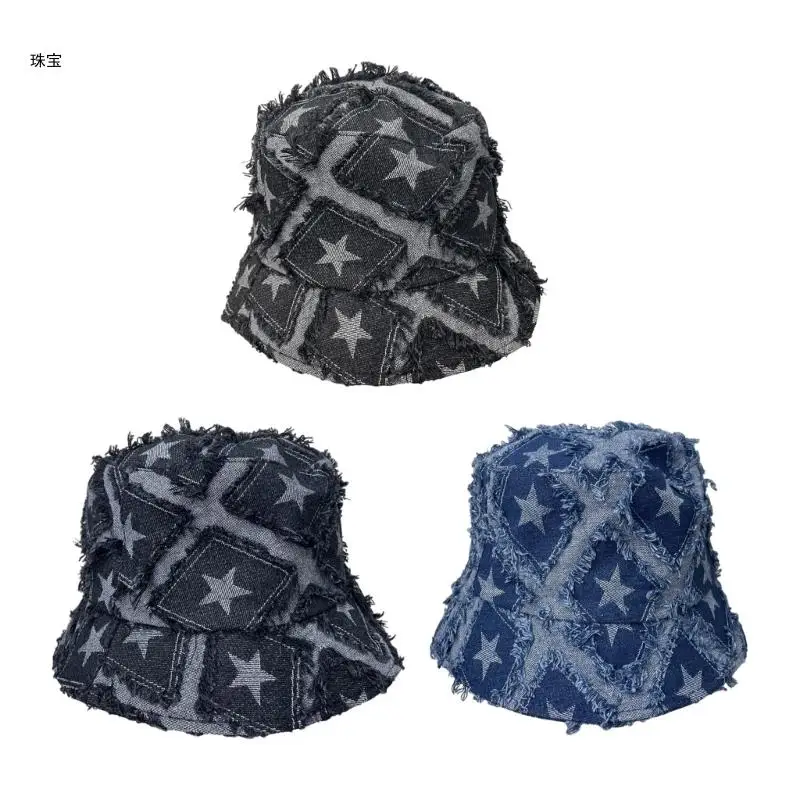 

X5QE Unisex Star Printing Bucket Hat Rough Selvedge Design Summer Spring Foldable Fisherman Summer Gifts for Girlfriend
