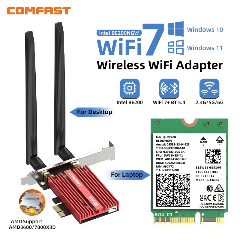 Comfast-adaptador Wi-fi sem Fio Intel Be200 Pcie Bluetooth 5.4 Tri Band 2.4g 5g 6ghz Win10 11 Linux 8774mbps