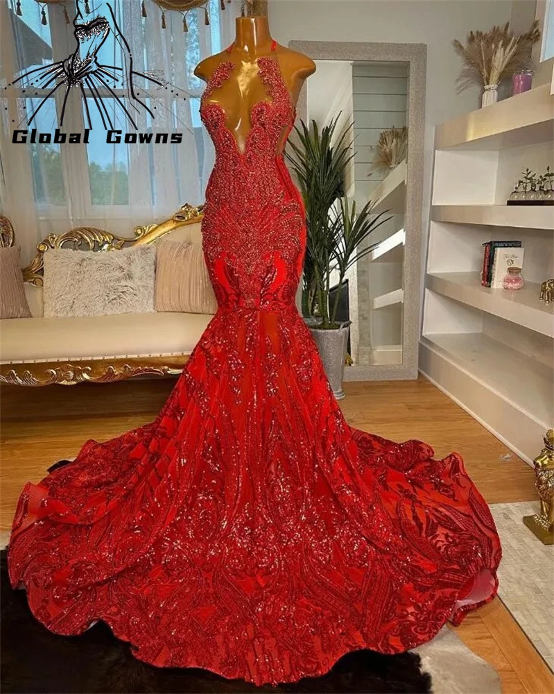 open lace back dress Red Mermaid Sweetheart Neck Sequins Long Prom Dresses, Red / 6 main image 1