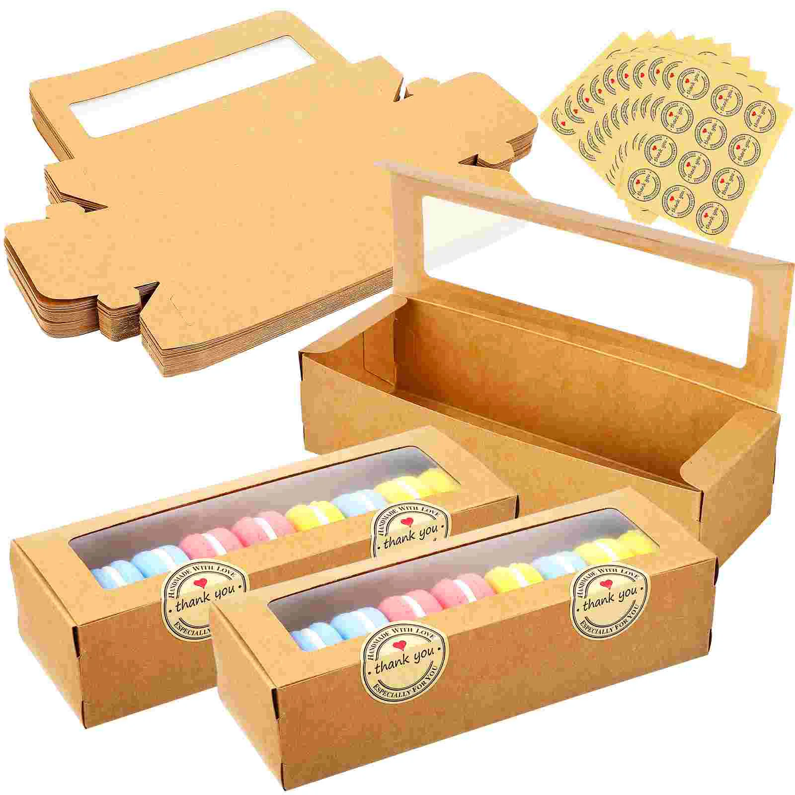 

Kraft Macaron Boxes with Clear Display Window Small Macaron DIY Bakery Packaging Boxes Containers with Stickers