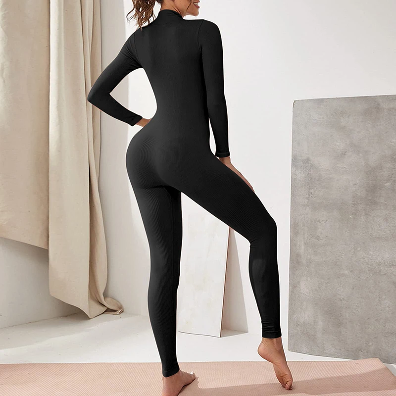 Women's Sport Jumpsuit Ribbed Tight Body Suits Sexy Outfit Fitness Workout  Yoga Long Sleeve Bodysuit Zipper Casual Overalls 2023 - AliExpress