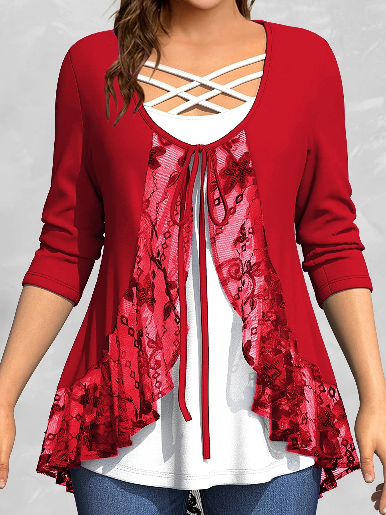 

Plus Size Casual Lace Cross Strap Lace-Up Fake Two Piece Blouse Summer New Fashion Female O-Neck Long Sleeve Pullovers 2024
