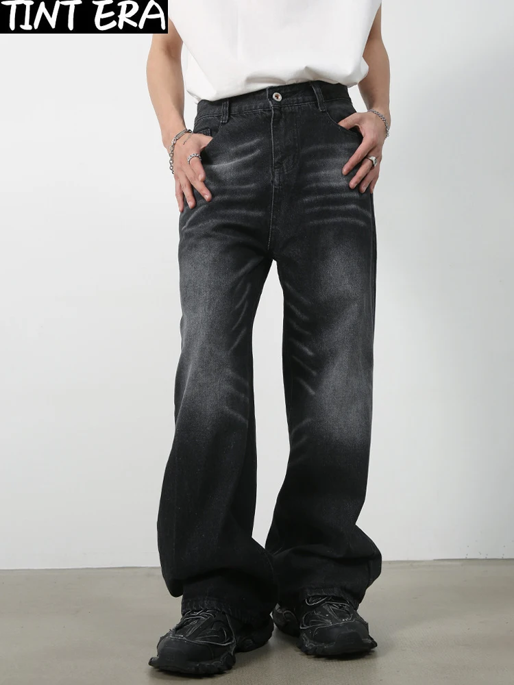 

Korean Hip Hop Jeans Men Black Distressed Denim Pants Male Wide Leg Trousers Loose Casual Streetwear Moustache Effect