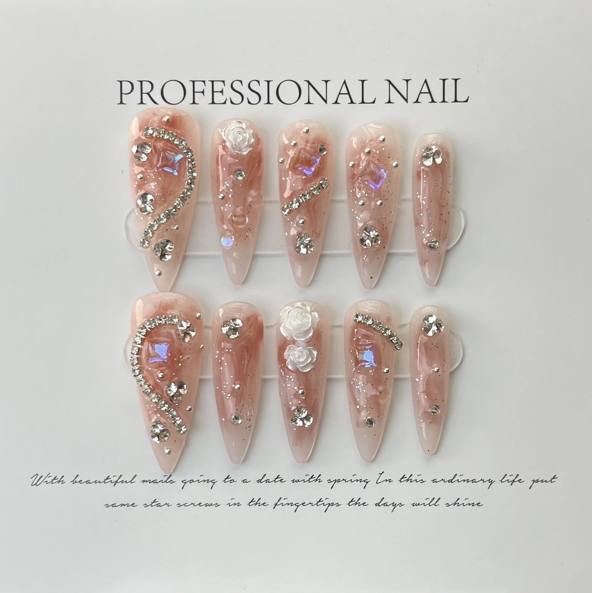 Unghie 10 pezzi Set fatto a mano Press su unghie finte lunghe a mandorla con strass Design camelia rosa riutilizzabile Full Co Lg Almd Rhineste_voghion.com