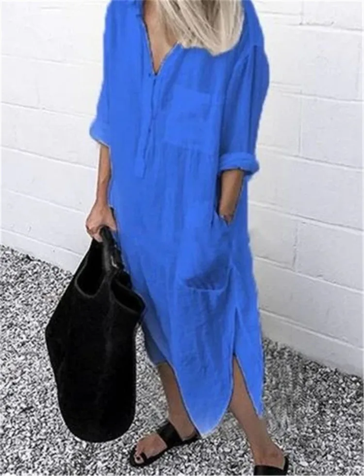 Women Dress Summer Shirt Long Dress Women Casual Long Sleeve Side Split Button Dresses Female Elegant Solid Color Pocket Loose Dresses