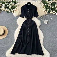 YuooMuoo Chic Fashion Elegant Patchwork Knitted Maxi Dress 2025 Summer Lady Turn-down Collar Shirt Sweater Dress Party Vestidos - Image 3