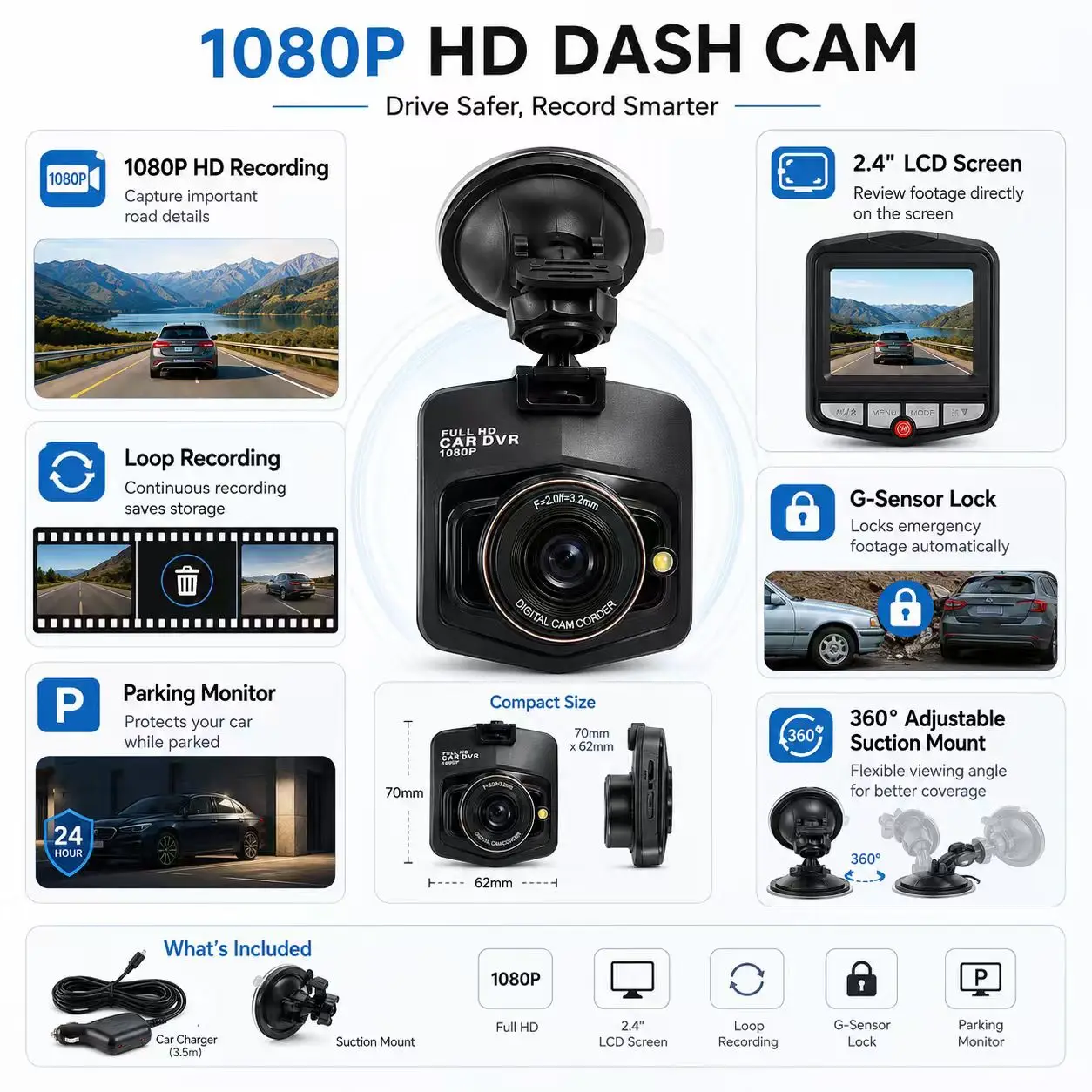 Telecamera DVR per Auto 1080P, Registratore Video HD per Veicoli, Monitor DVR, Telecamera per Parcheggio con Sensore di Gravità e Registrazione in Loop - immagine 5