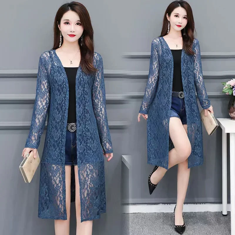 Summer Women Sun Protection Lace Cardigan Mid-length Mesh Shawl Loose Clothing Women Jacket Shirt Outerwear