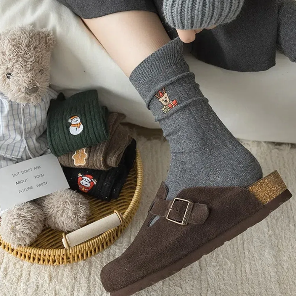 Cotton Christmas Socks for Women with Snowman Embroidery