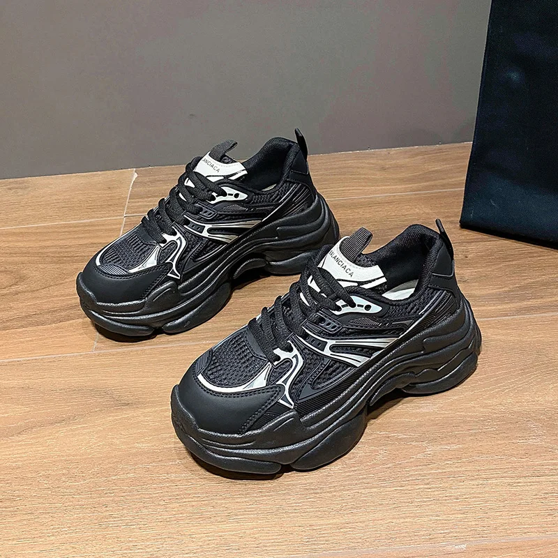 

New Casual 2023 Spring Women's Walking Shoes Fashion Black Lace Up Mesh Shoes Platform Girls Trainers Chunky Dad Shoes