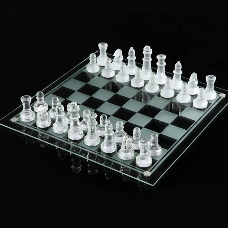 Glass Chess Game Set Functional Solid Glass Chess Board with Clear Frosted Glass Pieces Board Games for Kids Adults--20x20cm