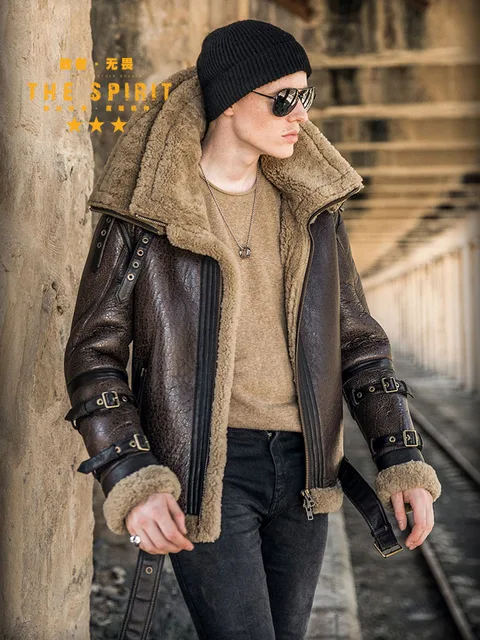 High Quality Men Genuine Leather Coat Natural Shearing Sheepskin Jacket for Male Wool Liner Double Layer Collar Motor Pilot 7XL 1