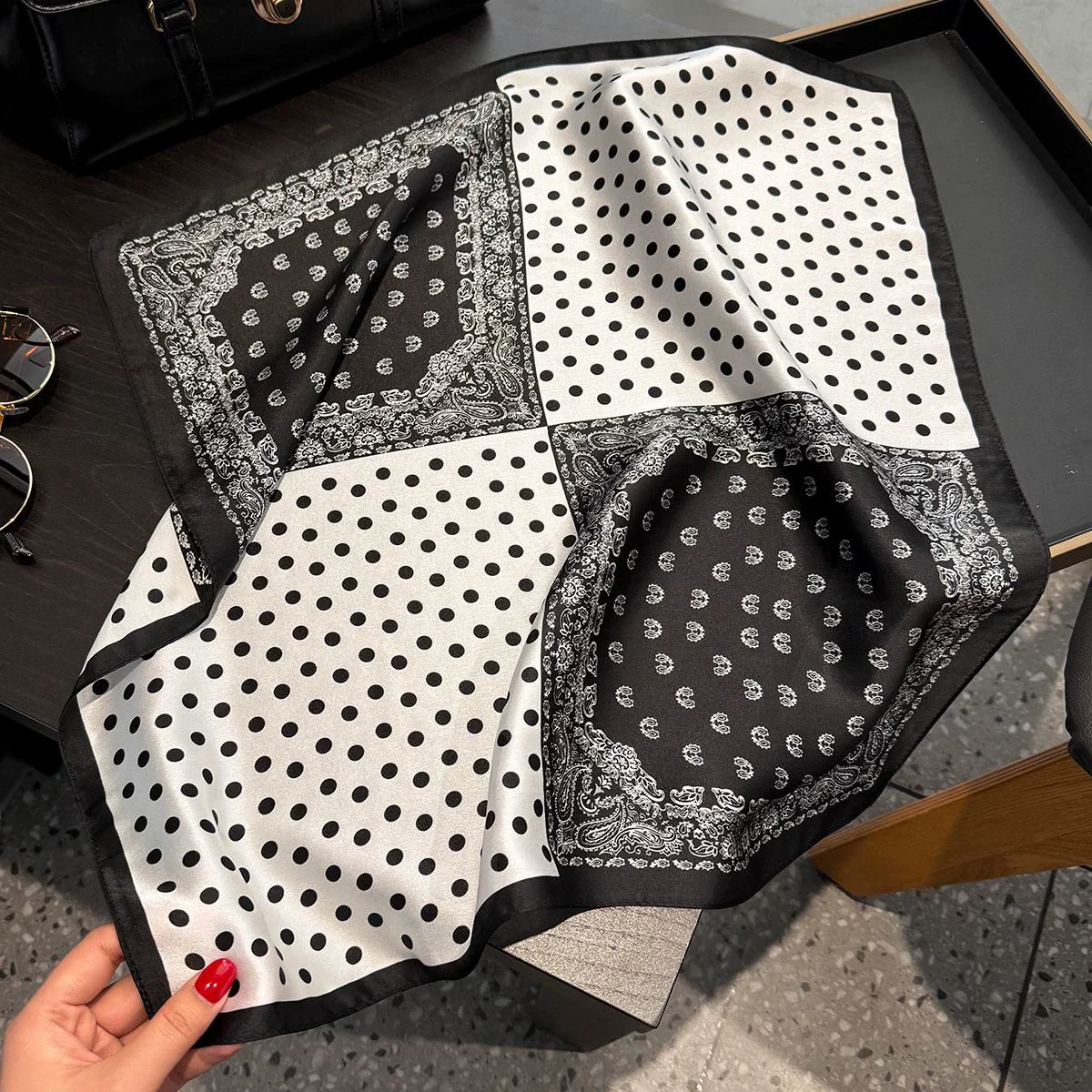 100% Pure Silk Square Scarf Women Dot Print Neckerchief Bandana