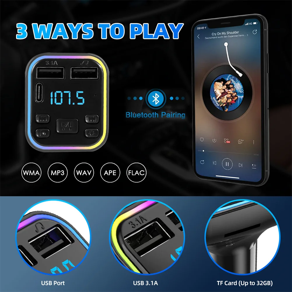 Car Bluetooth5.0 G38 FM Transmitter PD Type-C Dual USB 3.1A Fast Charger Colorful Ambient Light Handsfree MP3 Modulator Player bluetooth transceiver adapter bluetooth aux adaptor bluetooth audio receiver bluetooth adapter audio adapter