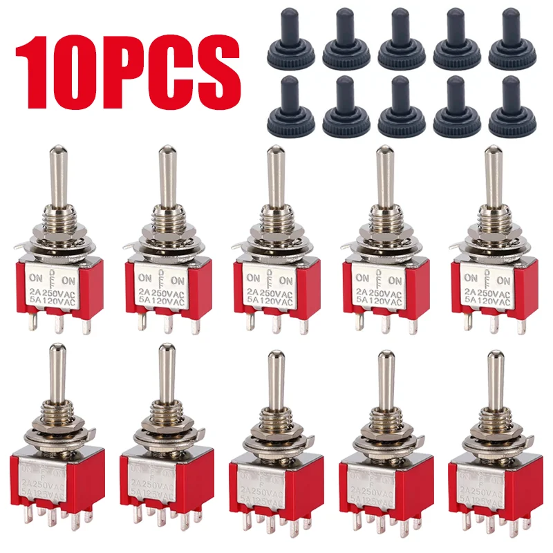 Miniature Switches Toggle Switch Single Pole Double Throw Mini Waterproof Cap Micro Switch ON-OFF-ON 6A 10pcs 6mm