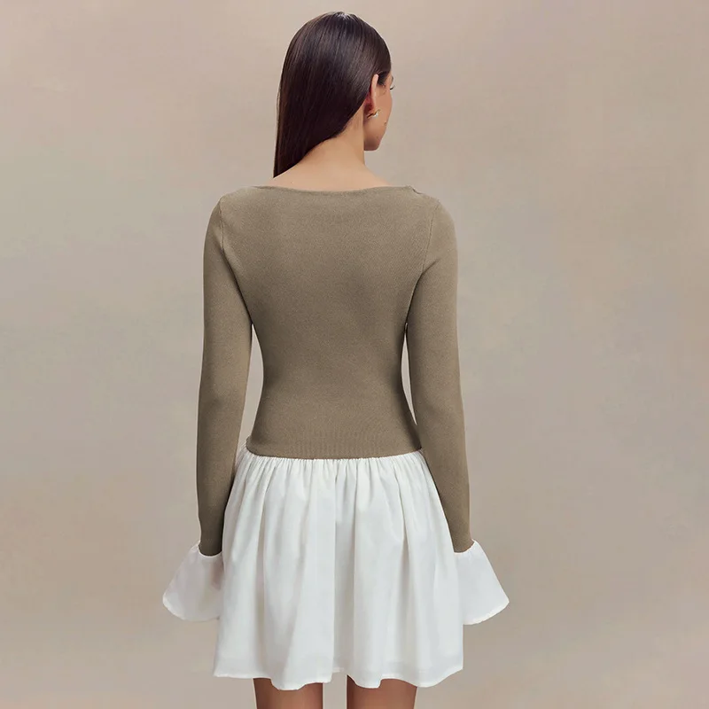 Ruffled Contrast Casual Mini Dress Women's Patchwork High Waist Elegant Fashion Party Dress Female Y2k Mini Dress New