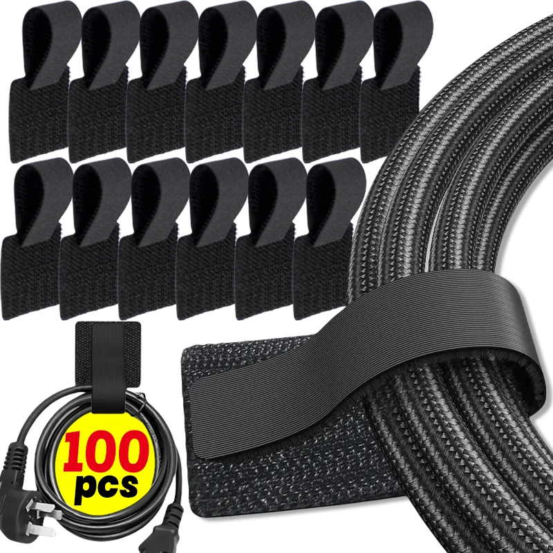 10/100pcs Cable Organizer Straps Self-Adhesive Hook & Loop Cord Management Reusable Cable Ties for Computer Desk Tidy Wire Strap cable organizer,cable ties