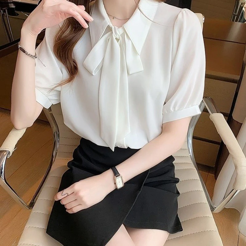 Chic Short Sleeved White Shirts for Women Summer Thin Lace-up Cardigan Simple Cool Chiffon Shirt Elegant Female Solid Blouse