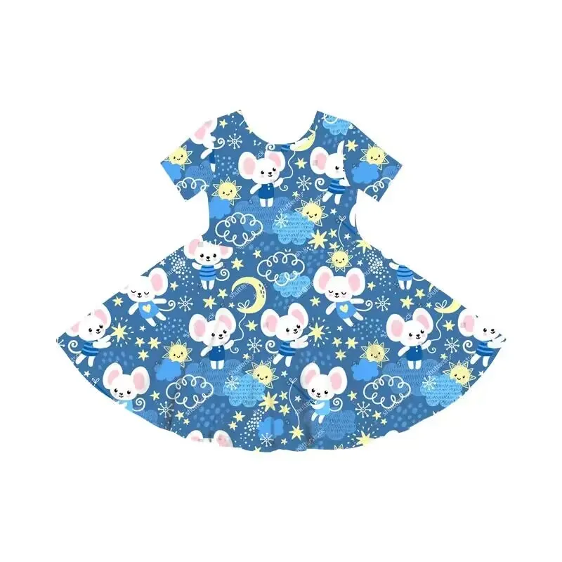 

Летнее голубое платье до колен с коротким рукавом и изображением милой мышки для девочек, эксклюзивная детская одежда