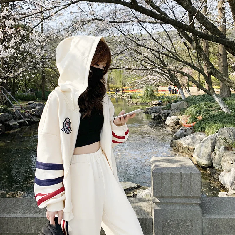 Sports Suit Women's Korean-style Striped Hooded White Short Sweatshirt Jacket Loose Leg Casual Pants Two-piece Fashionable Set