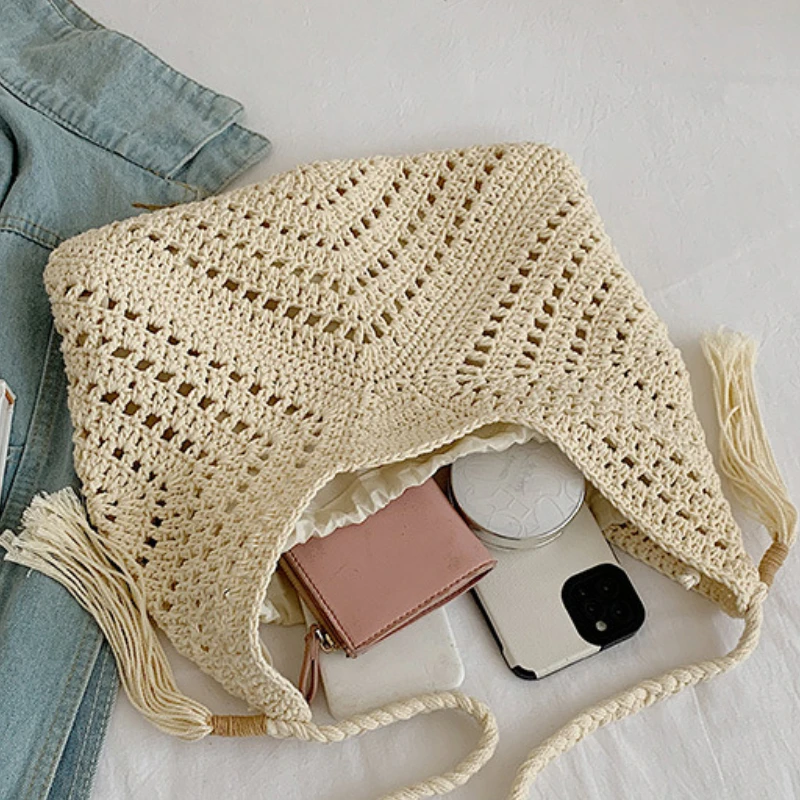 Lässige Stricktasche für Damen, Sommermode, Korbgeflecht, durchbrochenes Design, großes Fassungsvermögen, Umhängetasche für den täglichen Gebrauch_voghion.com
