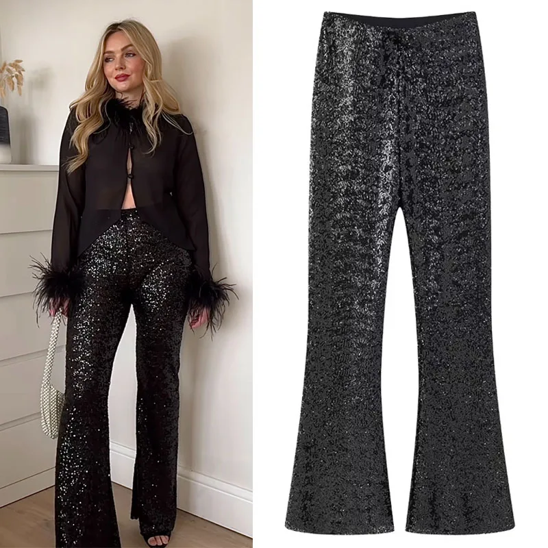 

TRAF Shinny Sequin Black Flared Pant Women Fashion Prom High Waist Full-Length Pants Evening Party Pretty Long Women's Trousers