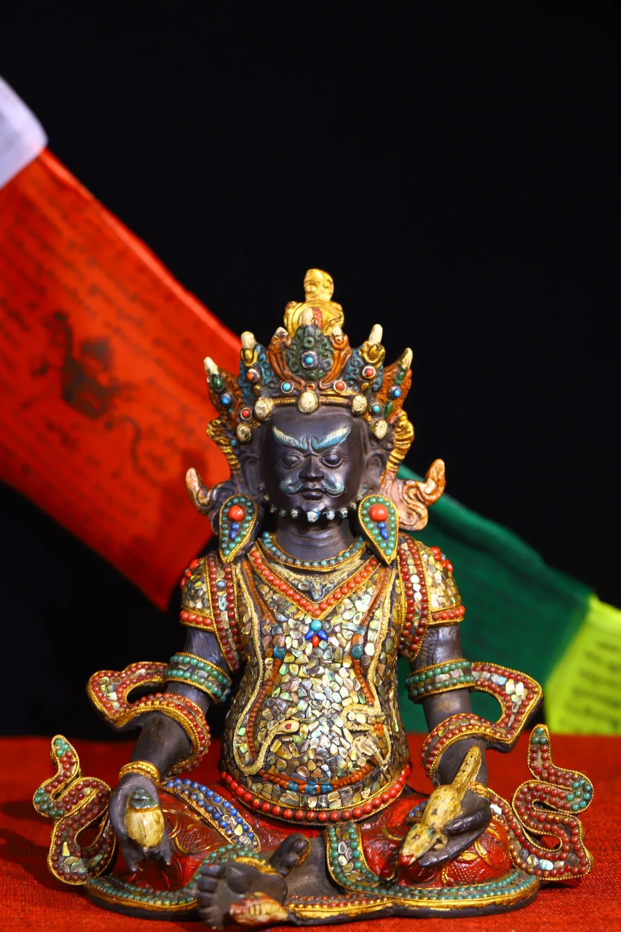 

10"Tibetan Temple Collection Old Bronze Painted Mosaic Gem Shell Yellow Jambhala Huang Caishen Buddha worship hall Town House