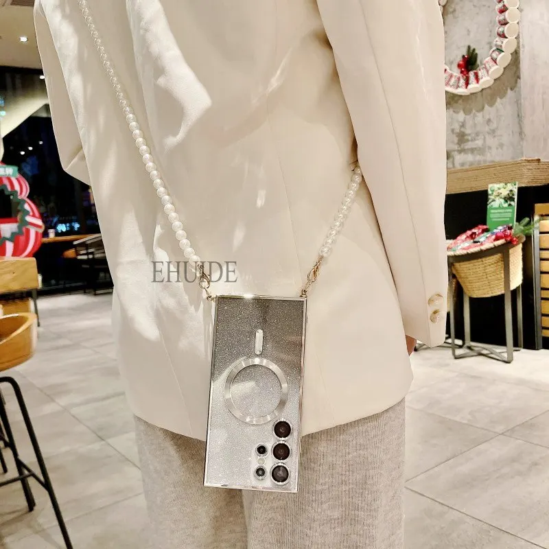 Magnetic Pearl Crossbody Clear Glitter Phone Case with Lanyard Strap
