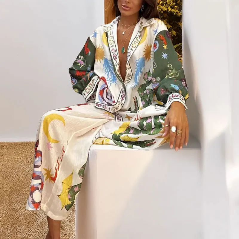 Women Suit 2 piece Suit Set Spring Summer Loose Long sleeve Floral Printed Blouse Shirt+Wide leg Elestic Waist Pants Fashion Set