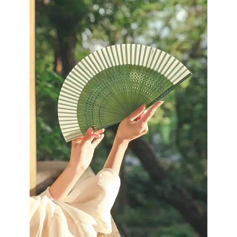 

Zhimo Female Fan Hanfu Qipao Photography Ancient Folding Fan Carved Pattern Solid Color Elegant Retro Fan Pine Frost Light Green