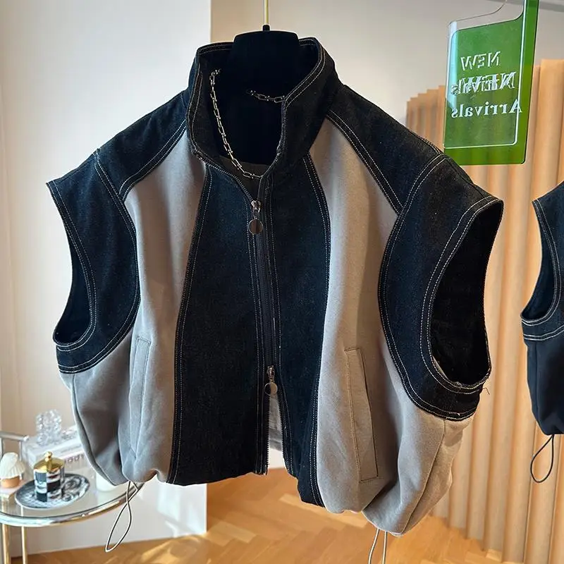 

Cool SA design sense niche loose casual cowboy girl spliced stand collar zipper vest hem drawstring sleeveless coat