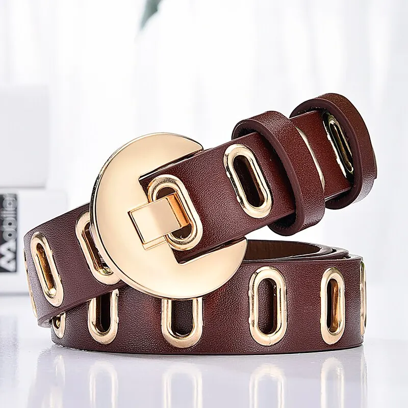 Maikun New Women Belt Adjustable Hole Grunge Punk Belts for Women Alloy Pin Buckle Leather Belt for Pants Dresses Trendy Belt